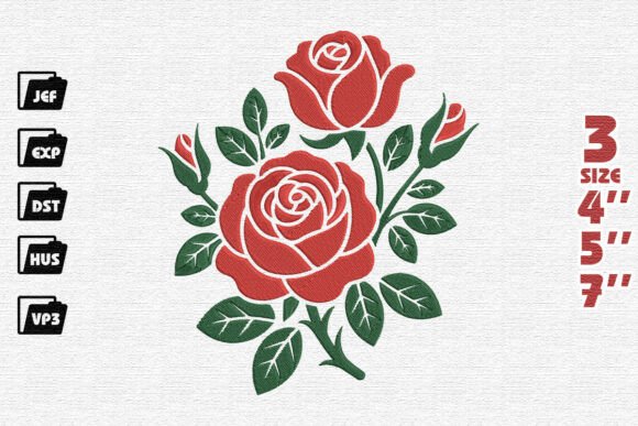 Stylized Red Roses and Green Leaves